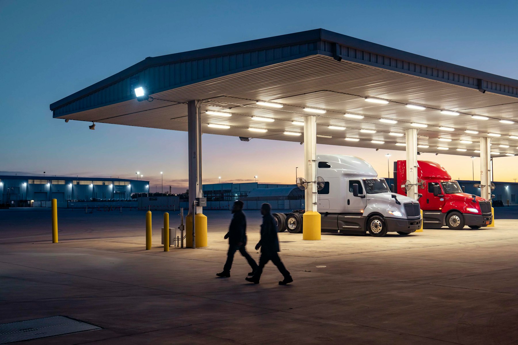 International LT at a fuel station at sunset