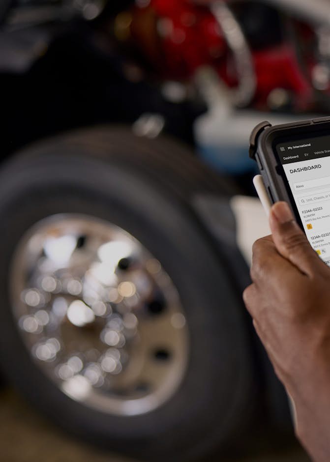 Technician holding a tablet with My International vehicle health information